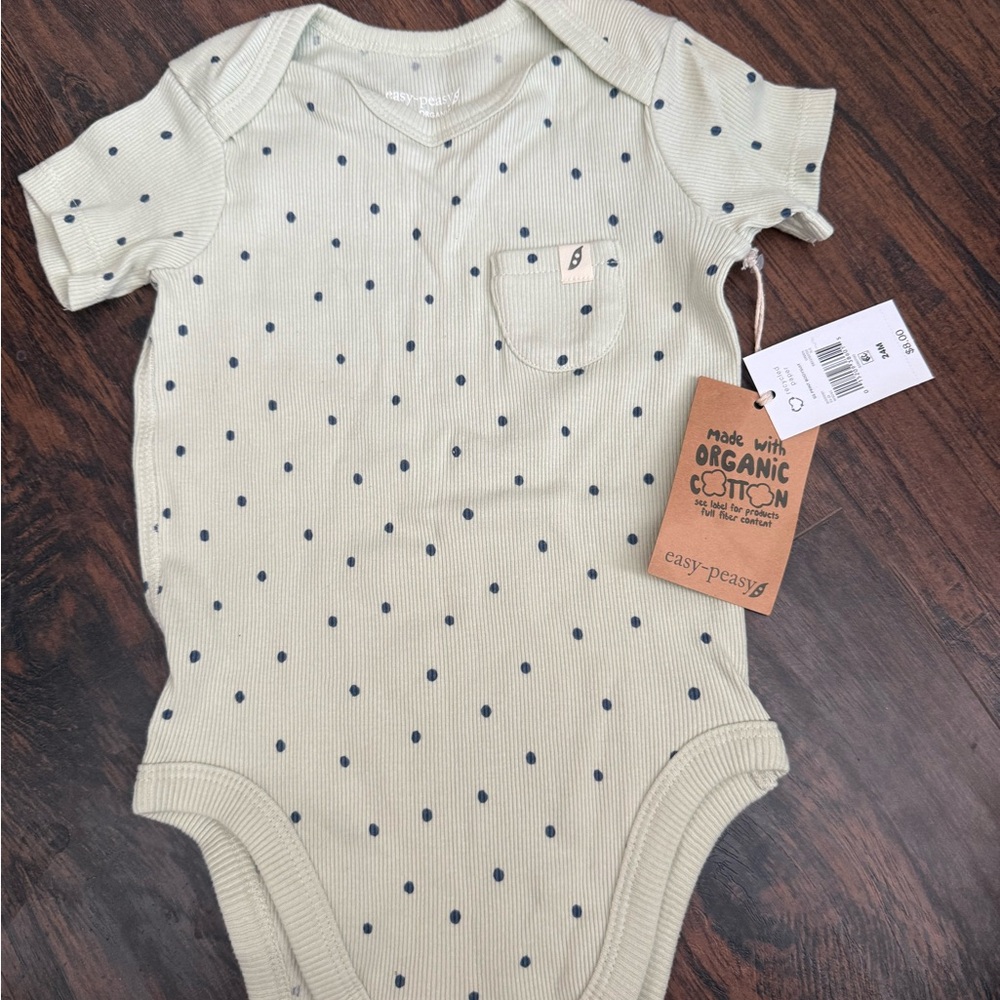 Easy Peasy Light Green Bodysuit with Blue Polka Dots Size 24 months